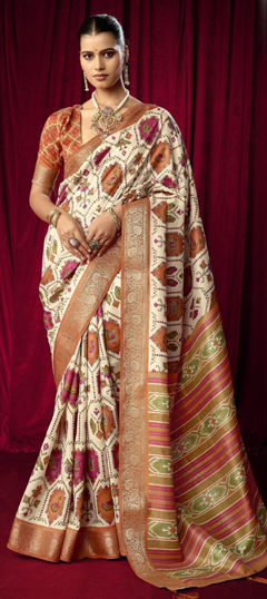 White and Off White color Saree in Silk fabric with Printed, Weaving work