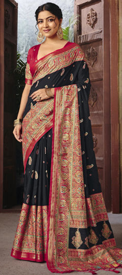 Black and Grey, Red and Maroon color Saree in Silk fabric with Weaving work