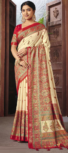 Red and Maroon, White and Off White color Saree in Silk fabric with Weaving work