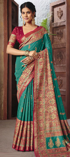 Blue, Red and Maroon color Saree in Silk fabric with Weaving work