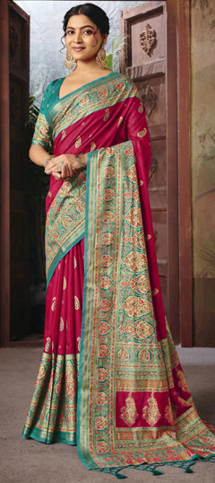 Blue, Pink and Majenta color Saree in Silk fabric with Weaving work