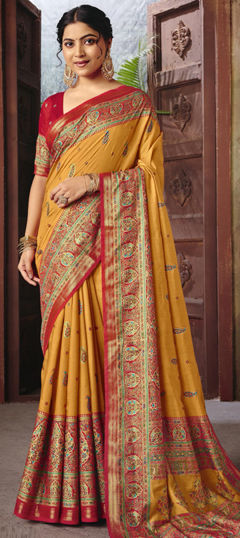 Red and Maroon, Yellow color Saree in Silk fabric with Weaving work