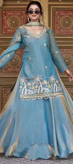 Blue color Long Lehenga Choli in Tissue fabric with Embroidered, Sequence, Thread work