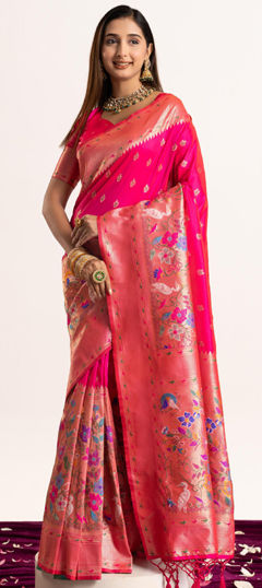 Pink and Majenta color Saree in Banarasi Silk fabric with Weaving work