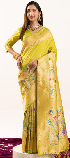 Yellow color Saree in Banarasi Silk fabric with Weaving work