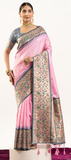 Pink and Majenta color Saree in Banarasi Silk fabric with Weaving work