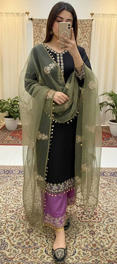 Black and Grey, Purple and Violet color Salwar Kameez in Roman Silk fabric with Embroidered, Sequence work