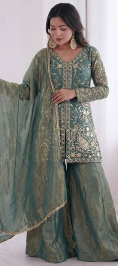 Blue color Salwar Kameez in Tissue fabric with Embroidered, Sequence work