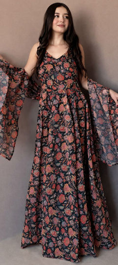 Beige and Brown color Gown in Organza Silk fabric with Floral, Printed work