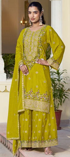 Yellow color Salwar Kameez in Chinon Silk fabric with Embroidered, Mirror work