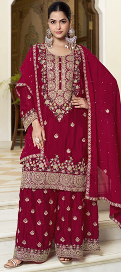Red and Maroon color Salwar Kameez in Chinon Silk fabric with Embroidered, Mirror work