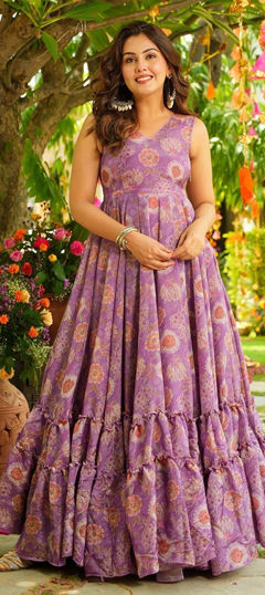 Pink and Majenta color Gown in Chinon Silk fabric with Digital Print work