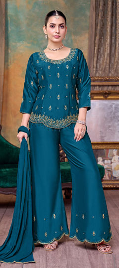 Blue color Salwar Kameez in Silk fabric with Embroidered, Sequence work