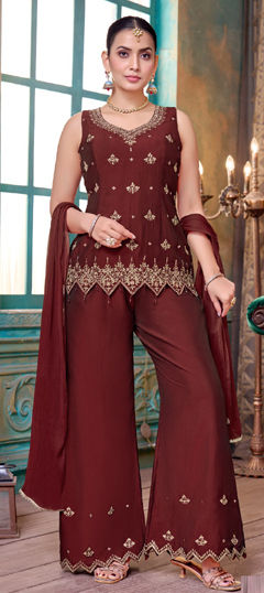 Red and Maroon color Salwar Kameez in Silk fabric with Embroidered, Sequence work