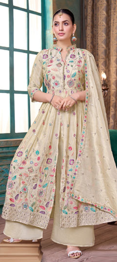 White and Off White color Salwar Kameez in Silk fabric with Embroidered, Sequence work
