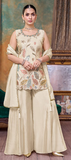 White and Off White color Salwar Kameez in Silk fabric with Embroidered, Sequence work