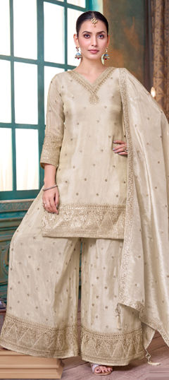 White and Off White color Salwar Kameez in Silk fabric with Embroidered, Sequence work