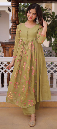 Green color Salwar Kameez in Mul Chanderi fabric with Embroidered work