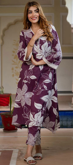 Purple and Violet color Salwar Kameez in Cotton fabric with Floral, Printed work