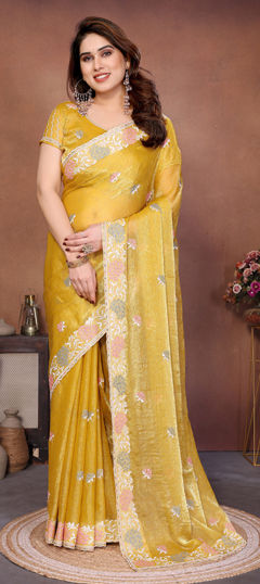 Yellow color Saree in Chiffon fabric with Embroidered, Stone work