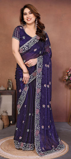 Blue color Saree in Chiffon fabric with Embroidered, Stone work