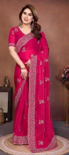Pink and Majenta color Saree in Chiffon fabric with Embroidered, Stone work