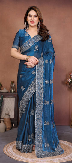 Blue color Saree in Chiffon fabric with Embroidered, Stone work