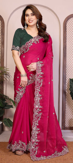 Pink and Majenta color Saree in Chiffon fabric with Embroidered, Stone work