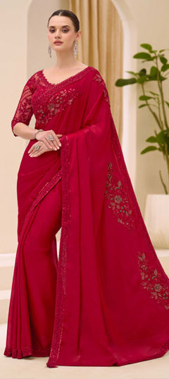 Red and Maroon color Saree in Chiffon, Satin Silk fabric with Border, Embroidered, Sequence work