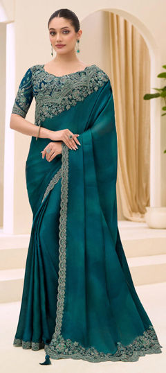 Blue color Saree in Chiffon, Satin Silk fabric with Embroidered, Sequence, Thread work