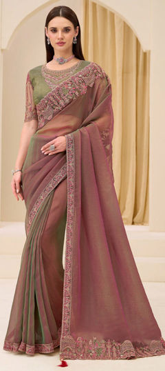 Pink and Majenta color Saree in Georgette fabric with Embroidered, Sequence, Thread work