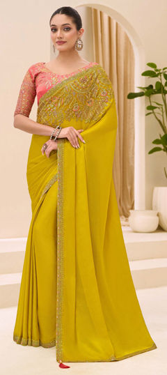 Yellow color Saree in Chiffon, Satin Silk fabric with Embroidered, Sequence, Thread work