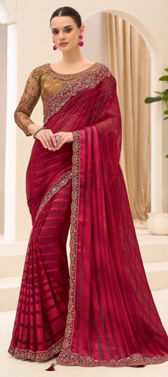 Pink and Majenta color Saree in Georgette, Satin fabric with Embroidered, Sequence, Thread work