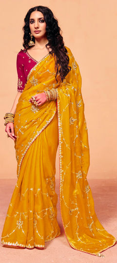 Yellow color Saree in Tissue fabric with Embroidered, Sequence, Thread work