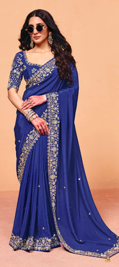 Blue color Saree in Silk fabric with Embroidered, Sequence, Thread work