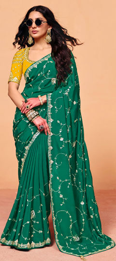 Green color Saree in Silk fabric with Embroidered, Sequence, Thread work