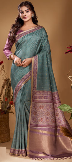 Green color Saree in Tussar Silk fabric with Printed, Weaving work