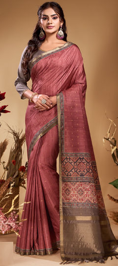 Red and Maroon color Saree in Tussar Silk fabric with Printed, Weaving work
