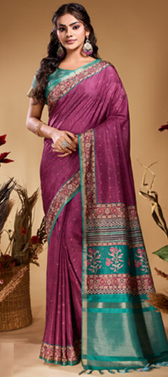 Pink and Majenta color Saree in Tussar Silk fabric with Printed, Weaving work
