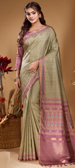 Green color Saree in Tussar Silk fabric with Printed, Weaving work