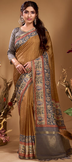 Beige and Brown color Saree in Tussar Silk fabric with Printed, Weaving work