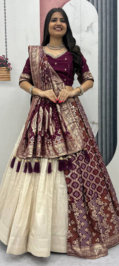 Purple and Violet, White and Off White color Lehenga in Silk fabric with Bandhej, Printed, Weaving work