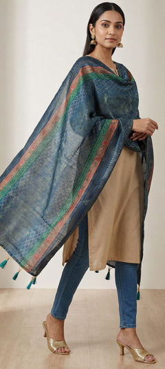 Blue color Dupatta in Jacquard fabric with Digital Print, Weaving work