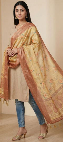 Yellow color Dupatta in Jacquard fabric with Digital Print, Weaving work