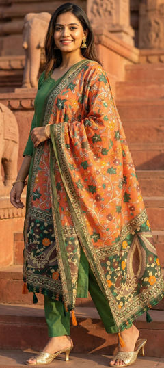Beige and Brown color Dupatta in Linen fabric with Digital Print, Weaving work
