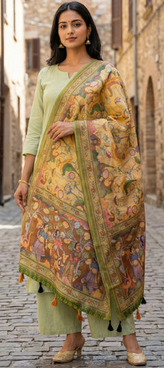 Yellow color Dupatta in Linen fabric with Digital Print, Weaving work