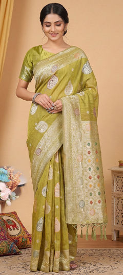 Yellow color Saree in Cotton, Linen fabric with Weaving work