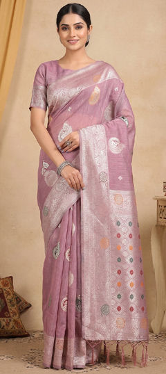 Purple and Violet color Saree in Cotton, Linen fabric with Weaving work