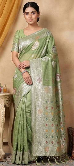 Green color Saree in Cotton, Linen fabric with Weaving work