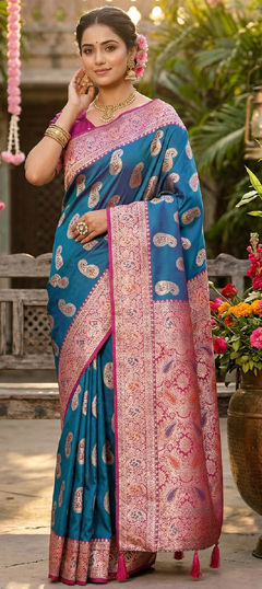 Blue color Saree in Blended, Silk fabric with Weaving work